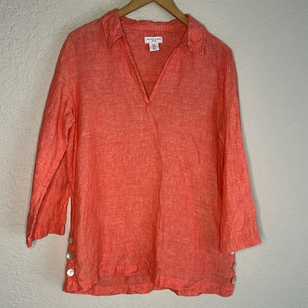 Antibes Blanc Coral Tunic Top 100% Linen Button Sides V Neck Breezy Lagenlook